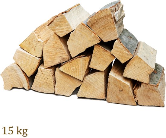Stapel gekloofd beukenhout, 15 kg, met ruwe bast.