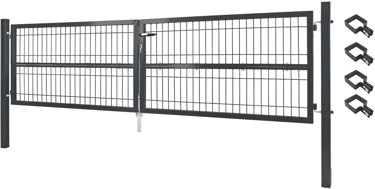 V2Aox Dubbele metalen tuinpoort 300x80 cm voor dubbelstaafmathekwerk – Afsluitbaar, inclusief palen – Grijs