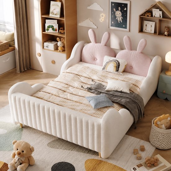 Lit enfant 140x200 cm - Lit double - Lit rembourré - Lit au sol - Avec oreiller - Avec barrière de sécurité - Avec sommier à lattes - Sûr et confortable - Blanc