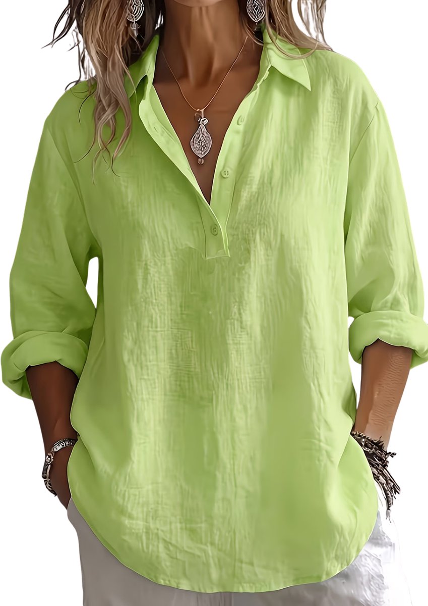 Currero Linnen Blouse Dames T-Shirt Polo Overhemd Shirt Zomer Ibiza Stijl Groenachtig Geel