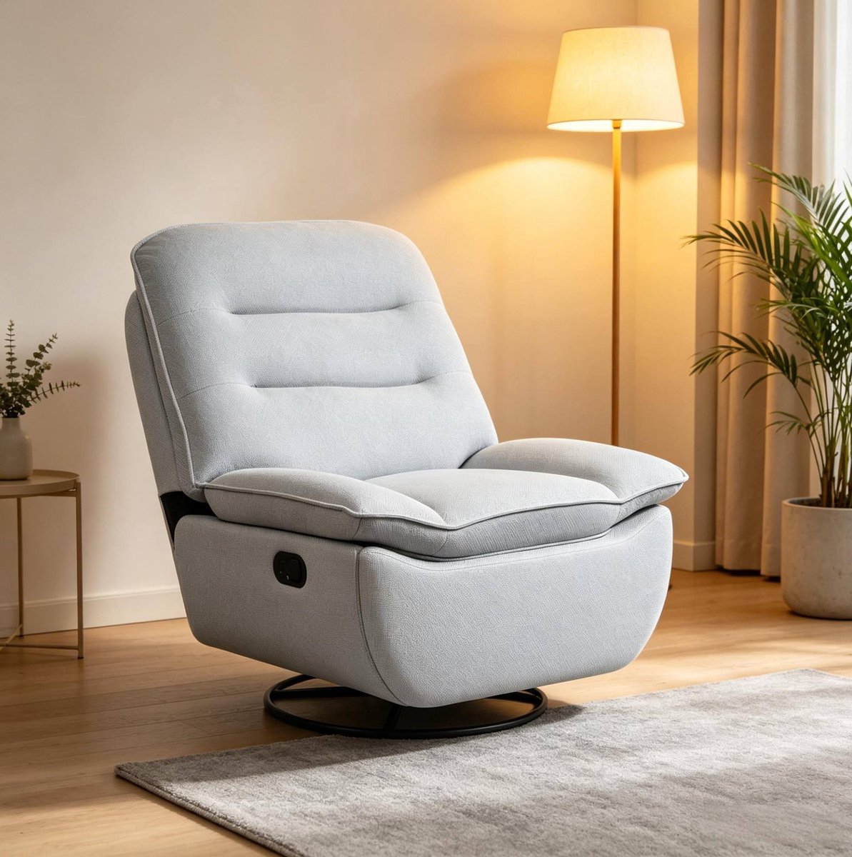 FloraGrace Fauteuil – Handmatig Verstelbaar Met Voetsteun En 360 Graden Draaibaar – Schommelfunctie – Stof En Metaal – Lichtblauw