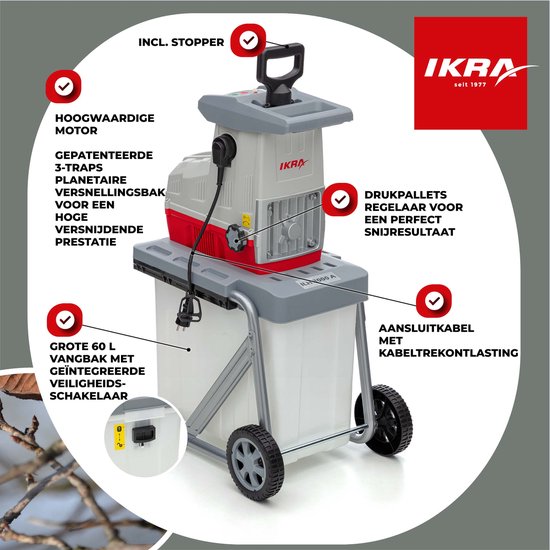 IKRA elektrische Hakselaar, houtversnipperaar, tuinversnipperaar ILH 3000 A, takdikte tot 44 mm, 3.000 W met Bypass-snoeischaar van IKRA — afbeelding 5