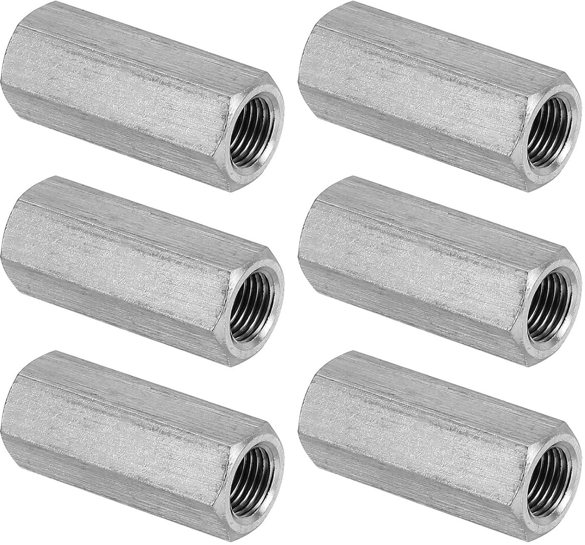Zeskantige koppelingsmoeren 10 x 35 mm van 304 roestvrij staal, 6 stuks, voor fijne schroefdraad en stevige verbindingen, zilverkleurig