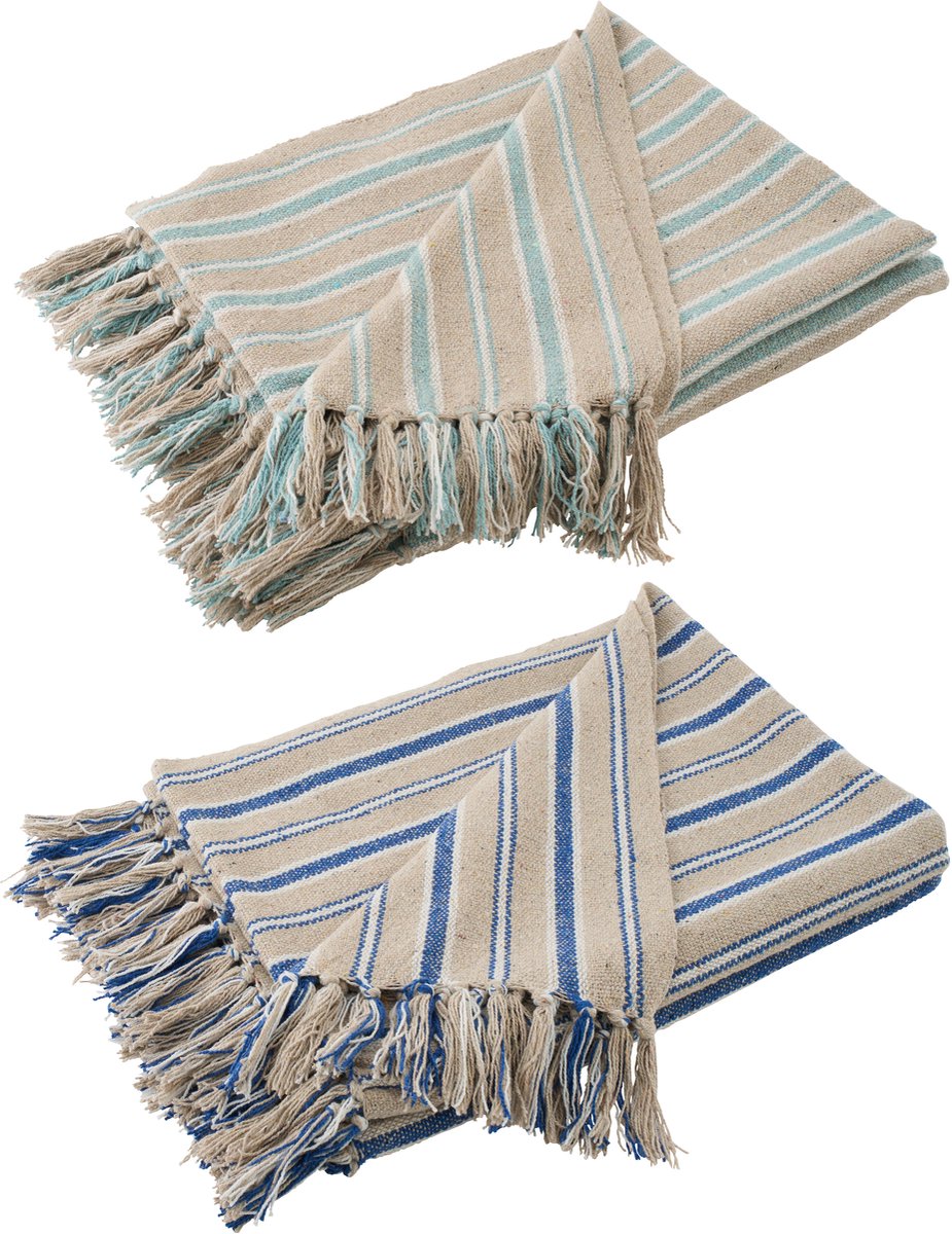 J-Line plaid Gestreept - katoen - greige/blauw - set van 2 Beige