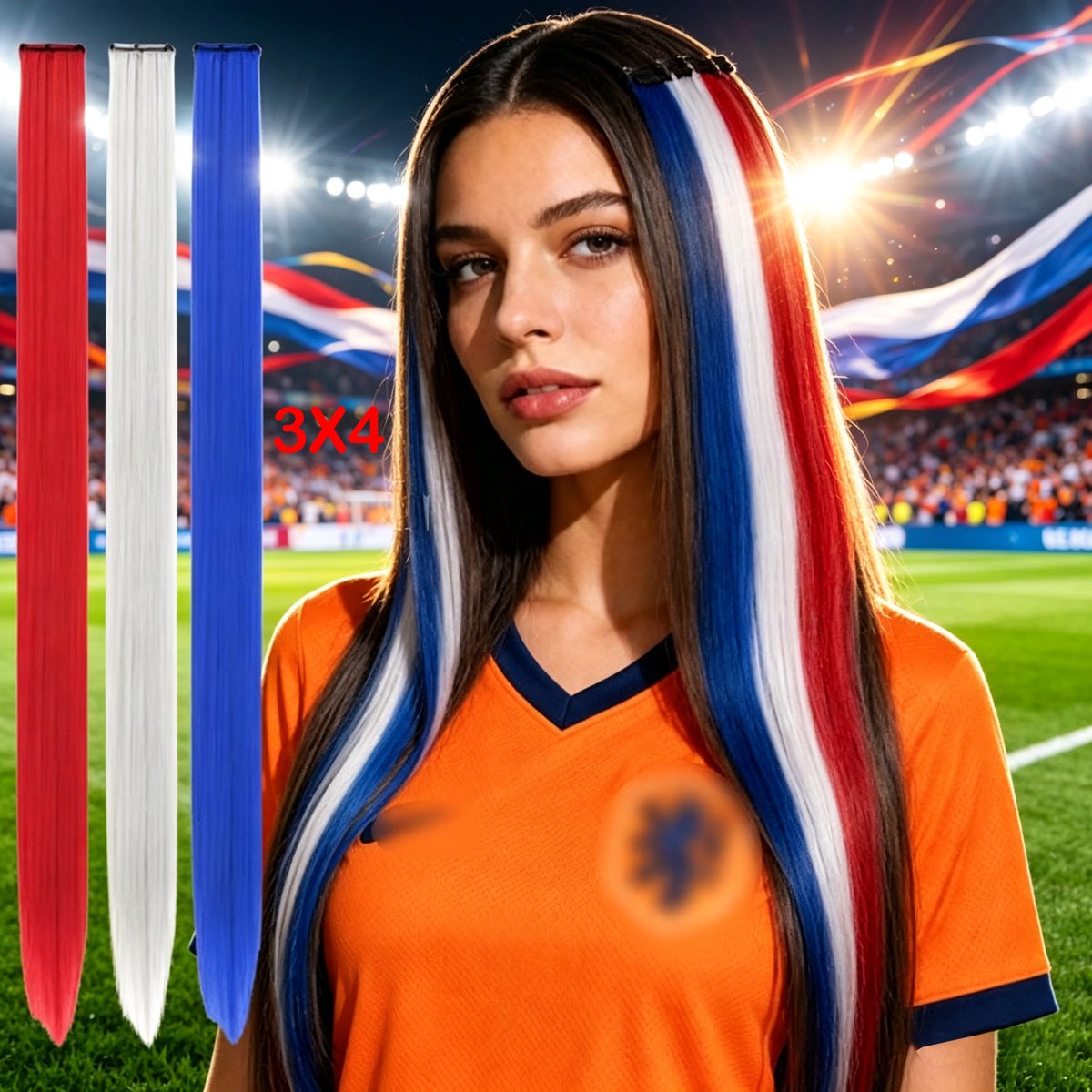 Synthetische Nederlandse vlag haarclip extensions set van 12 stuks rood-wit-blauw haarstukjes voor dames en meisjes Feest en sportaccessoire geschikt voor WK voetbal voetbalwedstrijden sportevenementen en themafeesten