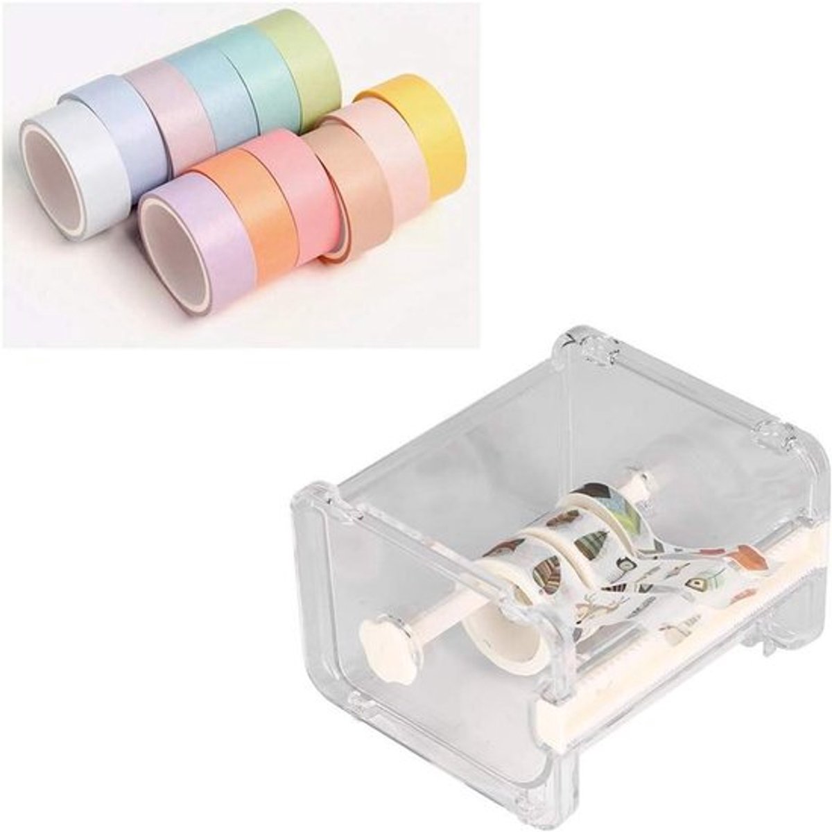 Tapedispenser voor kantoor en Creatieve Transparante Lijm, Afplaktape Opbergdoos I3 13B - Desktop WashiTape-houder met Snijder - Wit (Wit)