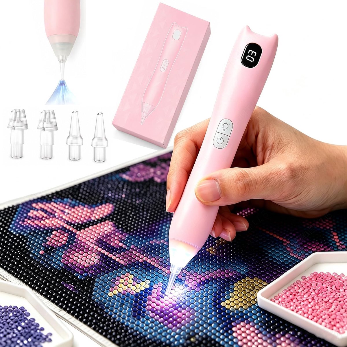 Namajunas - Elektrische Diamond Painting Pen - Vacuum Zuigpen met 3 Zuigstanden - LED Display en 3 Lichtstanden - Oplaadbare DIY Diamond Art Pen - Stil Motor Onder 30dB - Diamond Painting Hobby