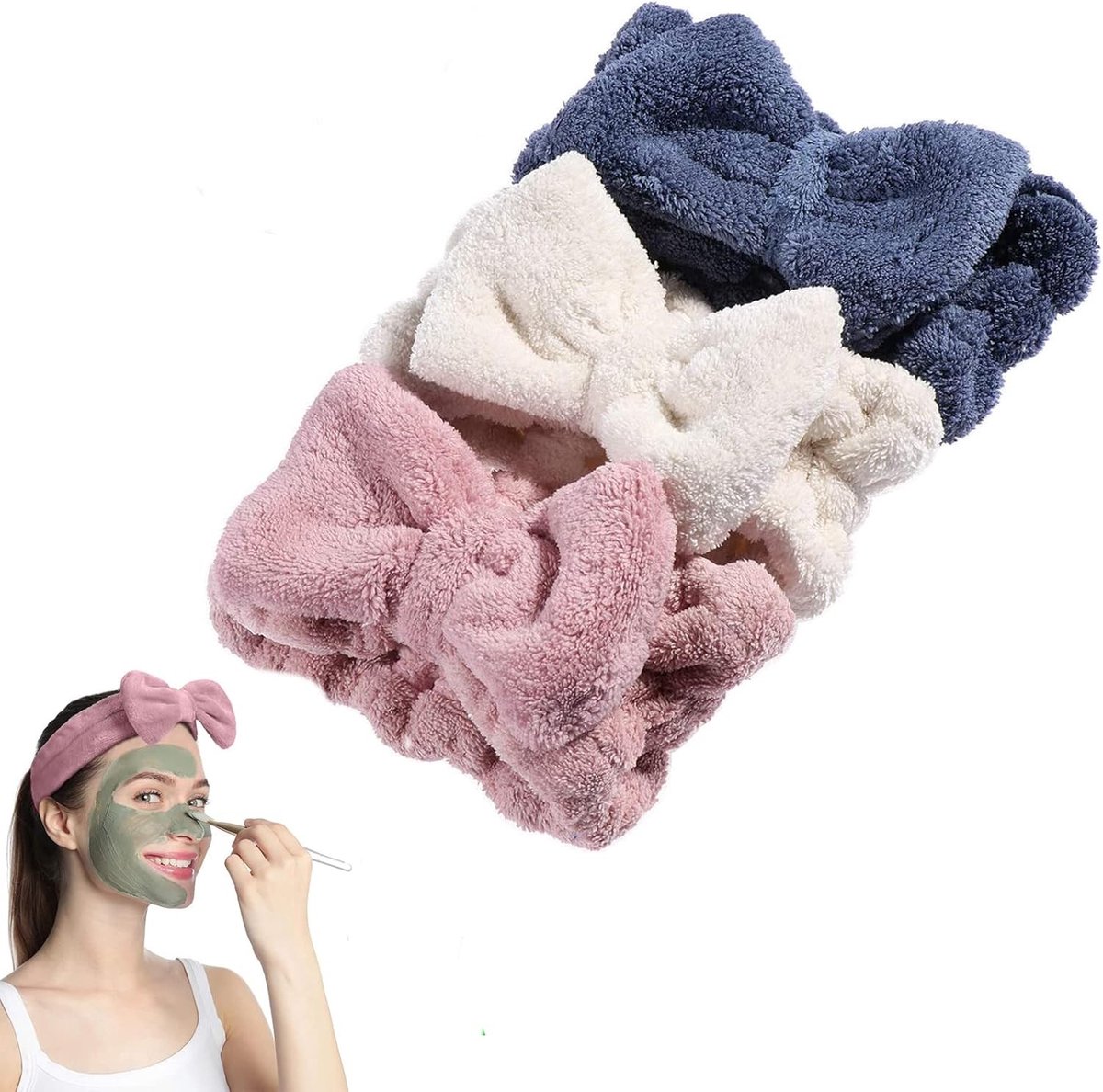 Set van 3 zachte make-up hoofdbanden met strik, elastische haarbanden voor spa, yoga en gezichtsverzorging