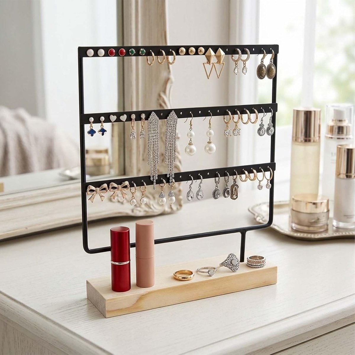 Oorbelhouder en sieradenorganizer met 3 niveaus, 60 gaten, ruimtebesparend en antislip ontwerp