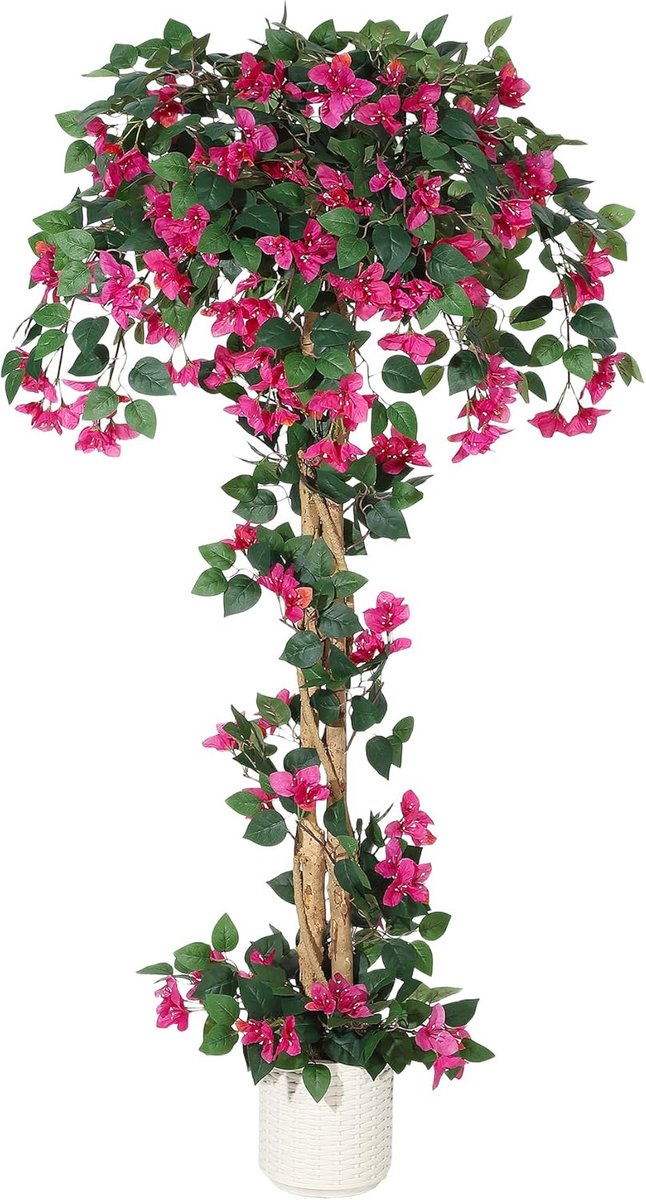 150cm Natuurgetrouwe kunst bougainvillea‑boom van zijde, UV‑bestendige roze bloemen, stam van natuurlijk hout in witte plantenpot, onderhoudsvrije grote groenvoorziening voor binnen, tuin, kantoor en bruiloftdecoratie