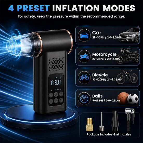 5-in-1 autostofzuiger en bandenpomp, luchtcompressor, 150 psi, draadloze draagbare bandenpomp met ventilator, digitale manometer, dual waarde-display, ledlicht voor auto, motorfiets, fiets, bal — afbeelding 2