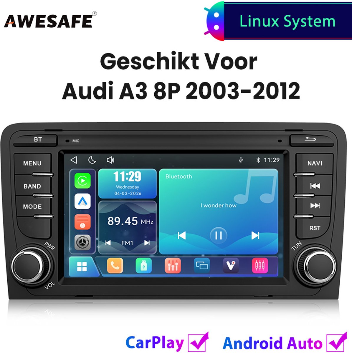 Awesafe Autoradio - Geschikt Voor Audi A3 8P 2003 t/m 2012 - Draadloos Carplay Android Auto - Linux systeem - 7 Inch Touchscreen - FM Radio Bluetooth EQ SWC Wifi Airplay