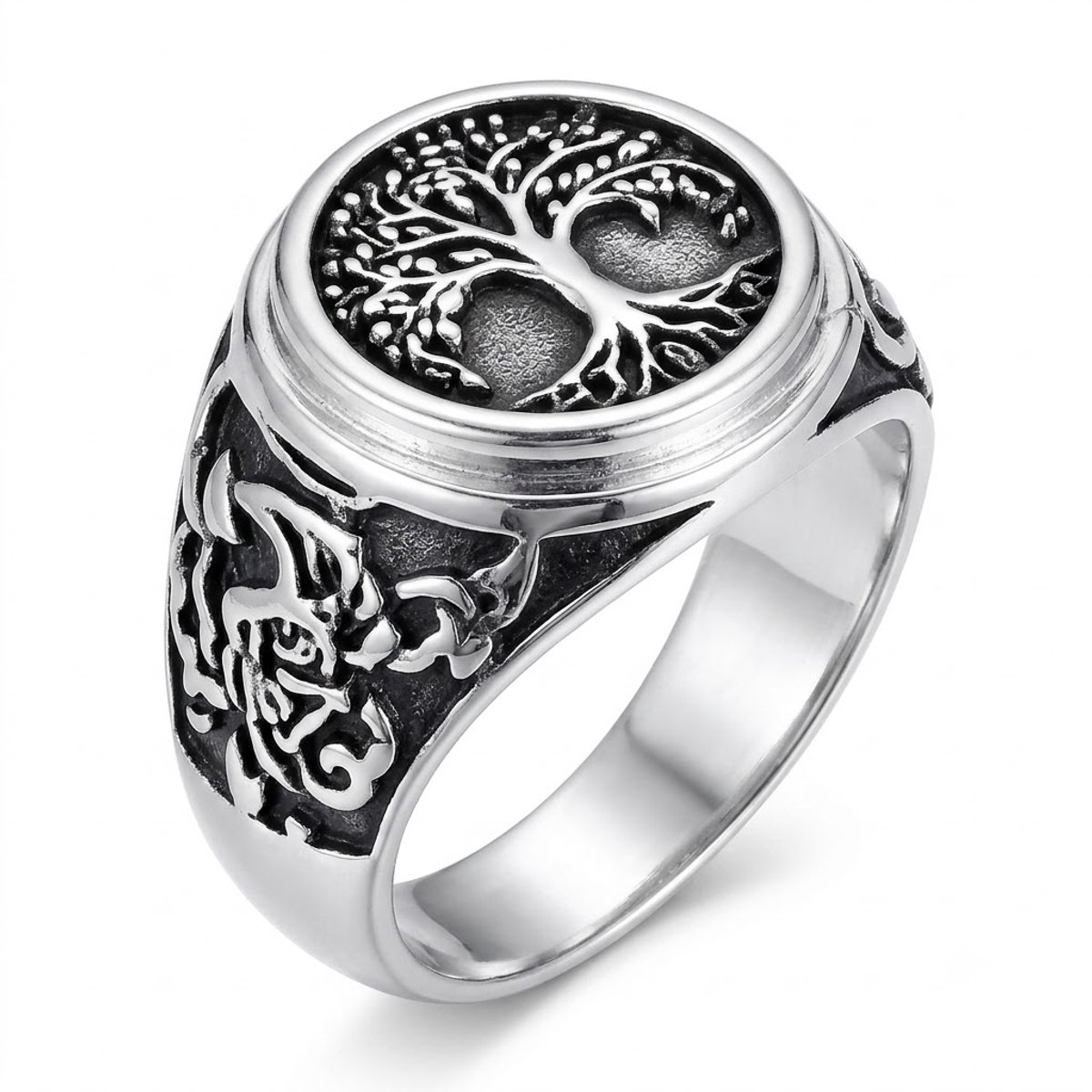 Zilverkleurige statement ring heren levensboom ring maat 9 vintage zegelring boom des levens motief zwartkleurige details brede vinger ring