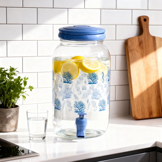 Glazen drankdispenser met blauwe deksel en kraan, versierd met zeepaardjes en koraal. Gevuld met water en citroenschijfjes.