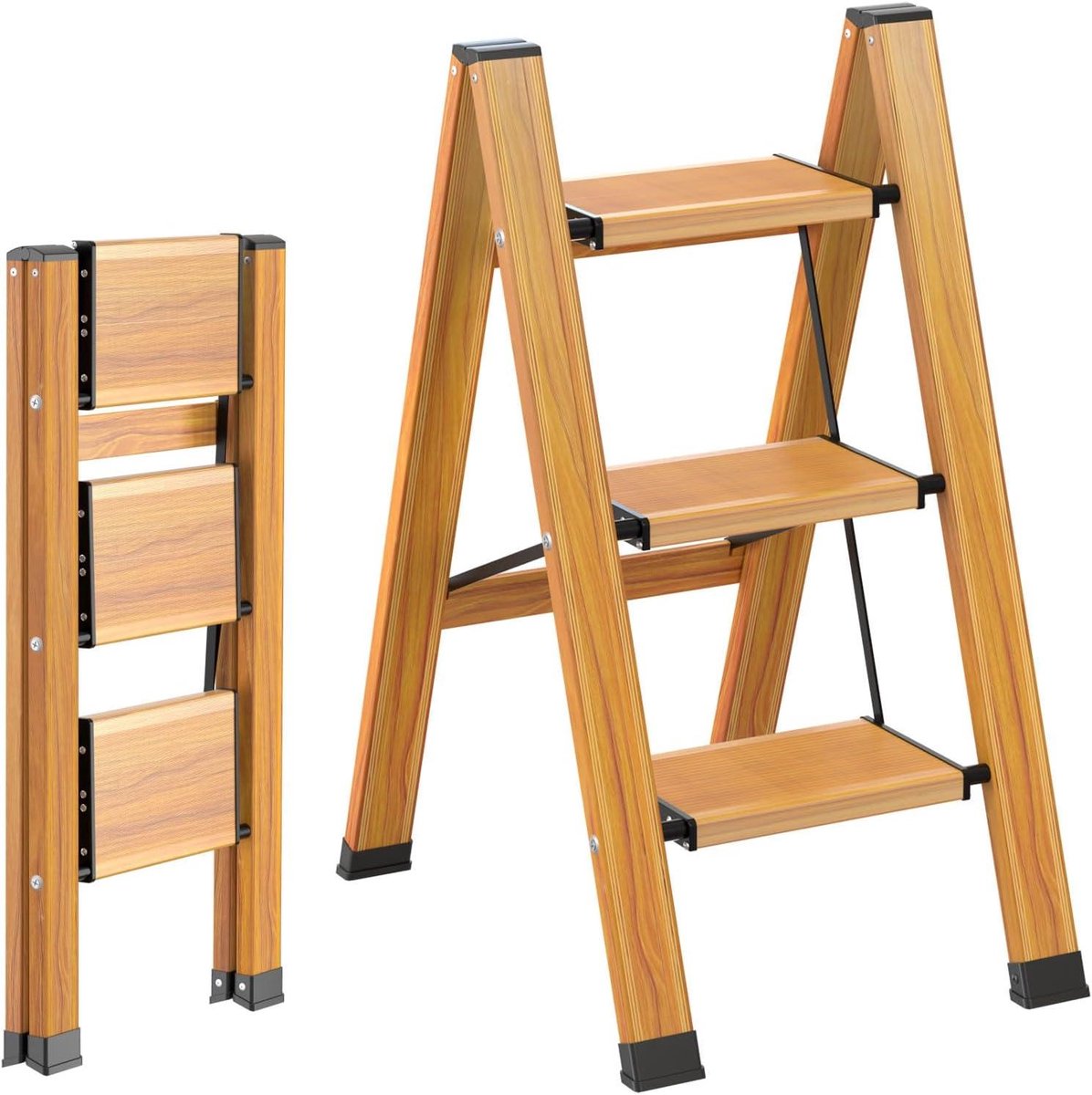 Trapladder 3 treden - Vouwladder huishouden - Klusjes in huis - Houtnerf design - 150 kg belastbaar - Houtnerf