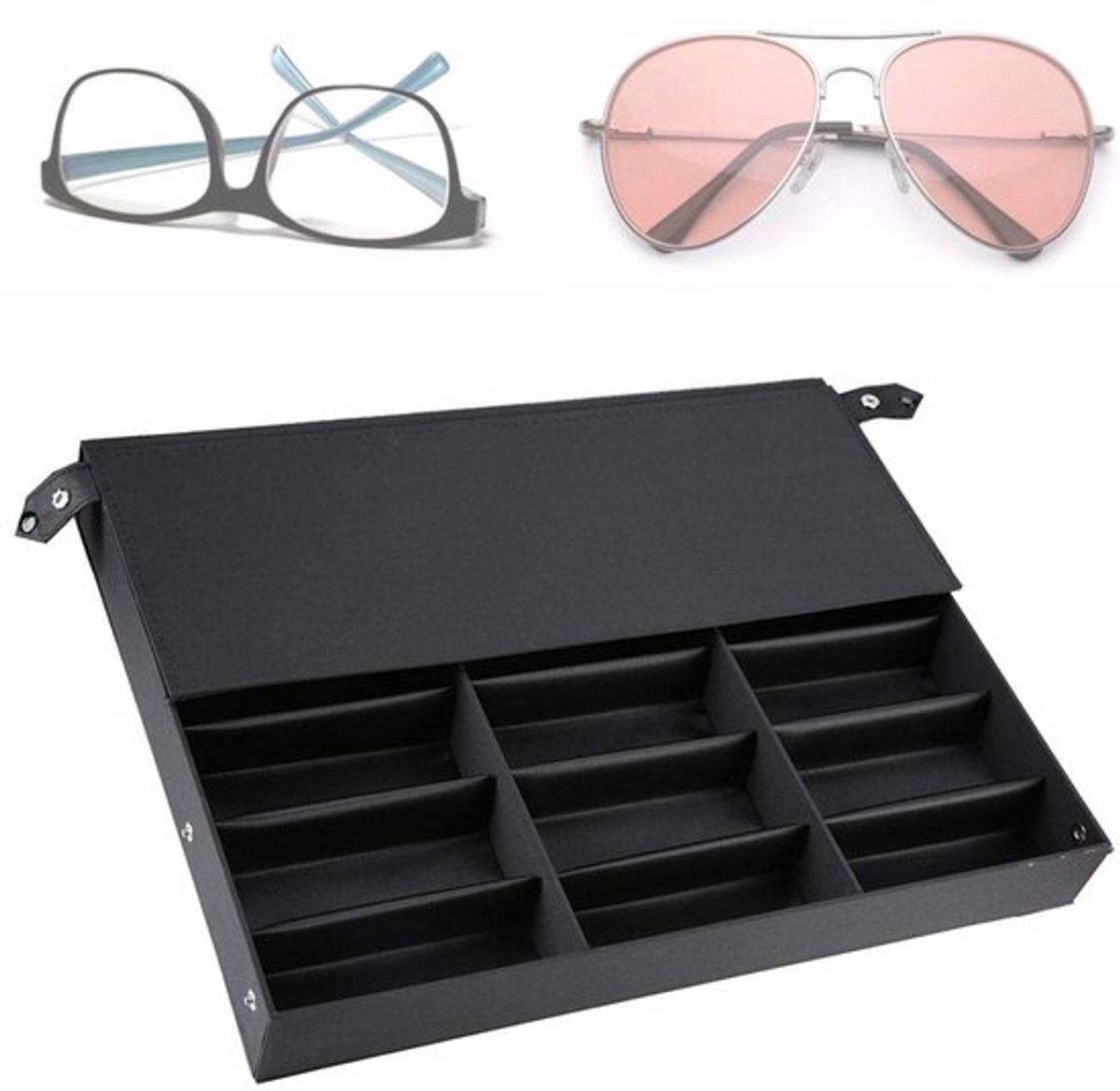 Dioche opbergbox voor zonnebrillen, brillenkoker voor het opbergen van 18 brillen met stofbescherming multifunctionele zonnebrillenpresentatie brillendisplay 47 x 37 x 6 cm