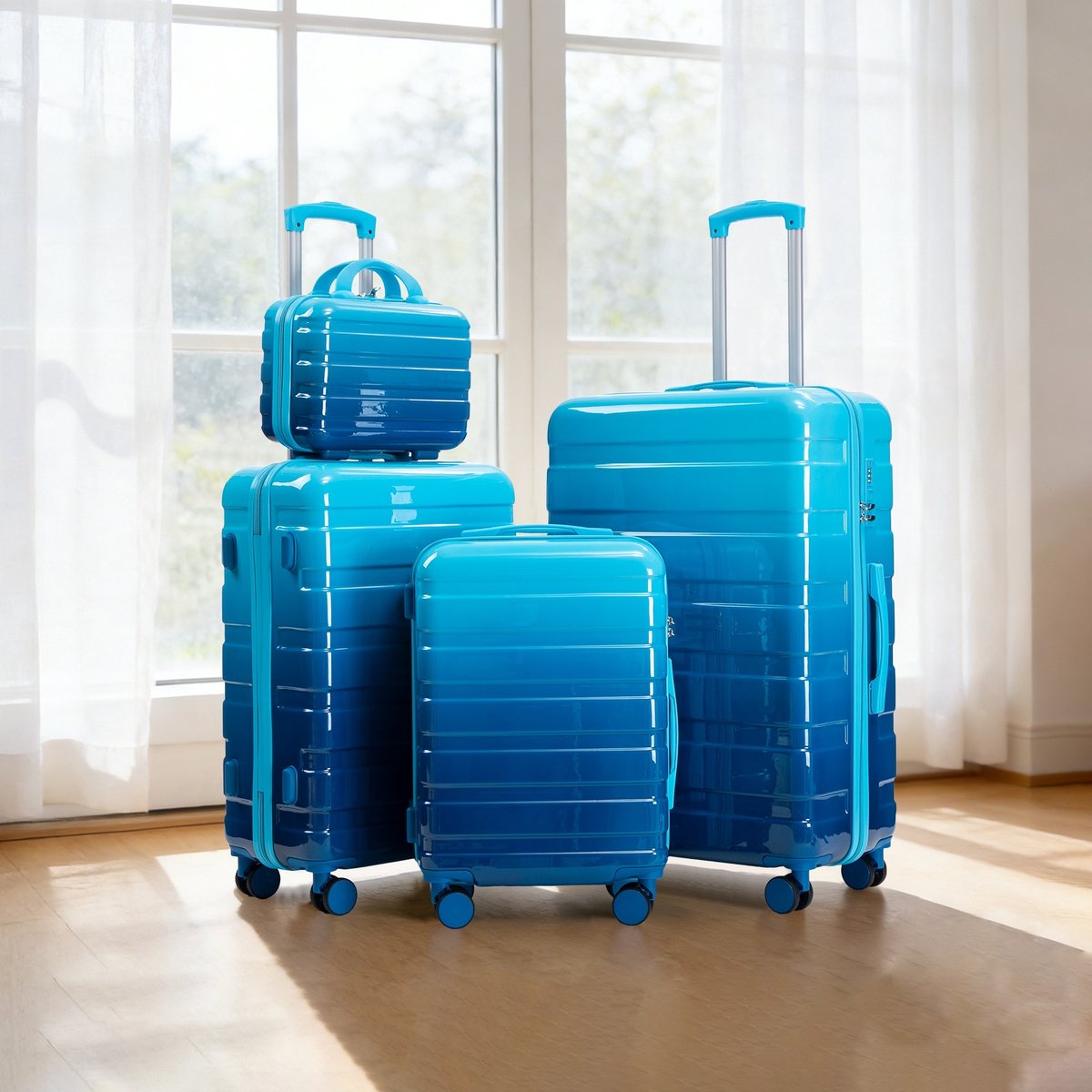 VVBV Kofferset 4 Delig 14/20/24/28 inch - PC Hardcase, Beautycase, Spinner Wielen, Cijferslot, Reisset, Blauw, Vakantie