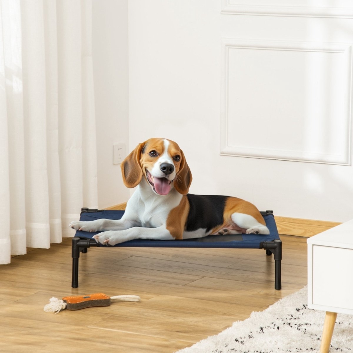 MIVRAY Dierenmand – Verhoogd Hondenbed 76 x 61 x 18 cm – Oxford Stof en Stalen Frame – Blauw – Voor Binnen en Buiten – Ademend