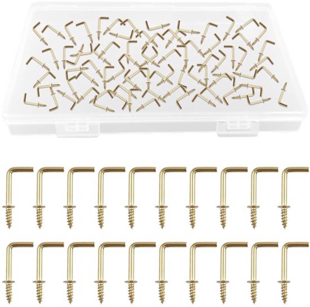 5/8" Schroefhaken, 100 stuks L-vormige haken voor schouders, kast haken, haak met rechte hoek, zelftappende schroefhaken voor binnen en buiten (Goud)