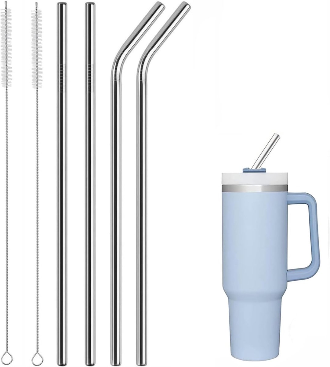 Rietjes voor Cup, 4 stuks roestvrijstalen rietjes, Cup rietjes, metalen rietjes, roestvrijstalen rietjes inclusief 2 rechte buisrietjes en 2 elleboogrietjes, voor Stanley Cup 40 oz met Rietjesborstel
