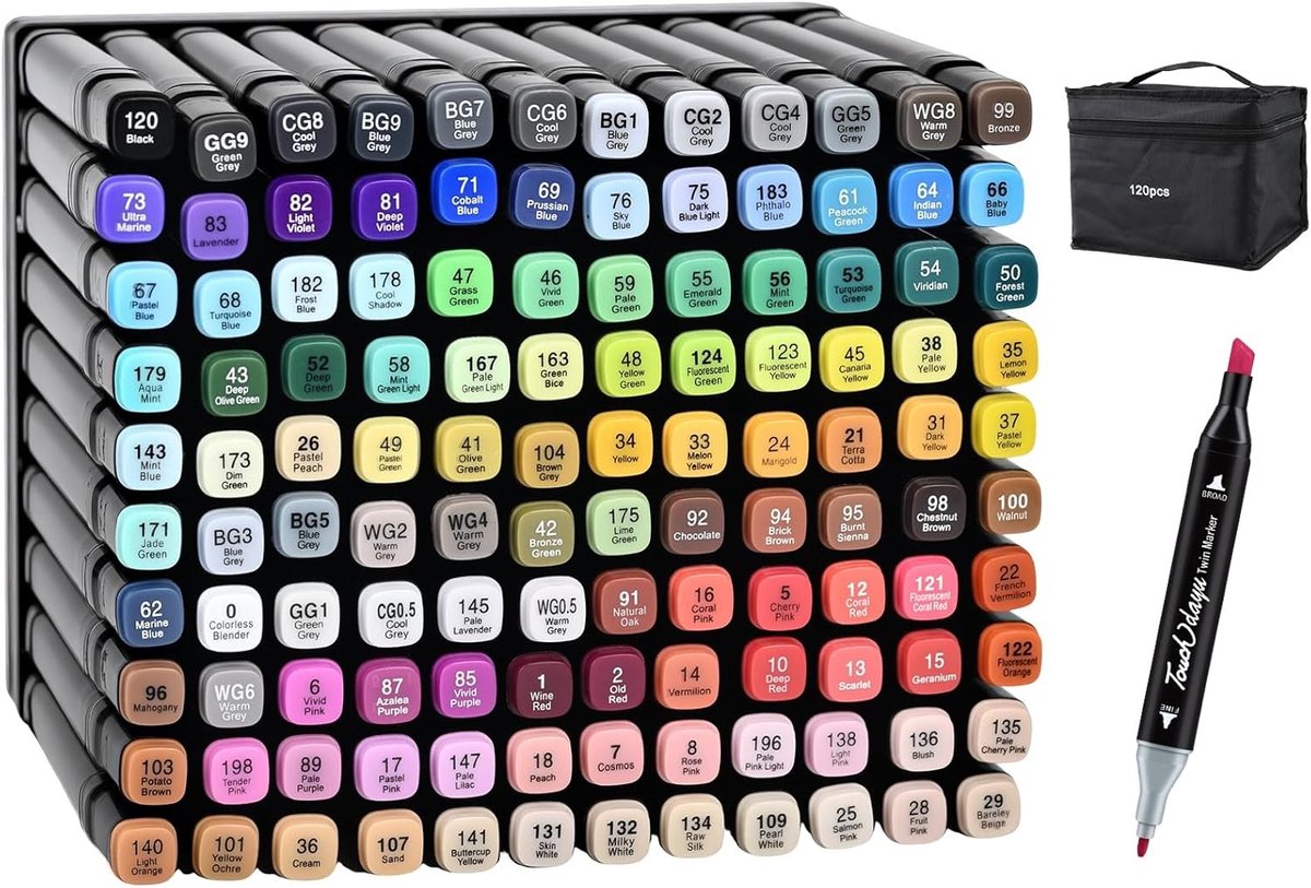 Set van 120 alcoholmarkers in 120 kleuren, Twin-Tip viltstiften voor tekenen, schilderen en manga creaties, perfecte kunstenaarstiftenset voor hobbyisten en professionals