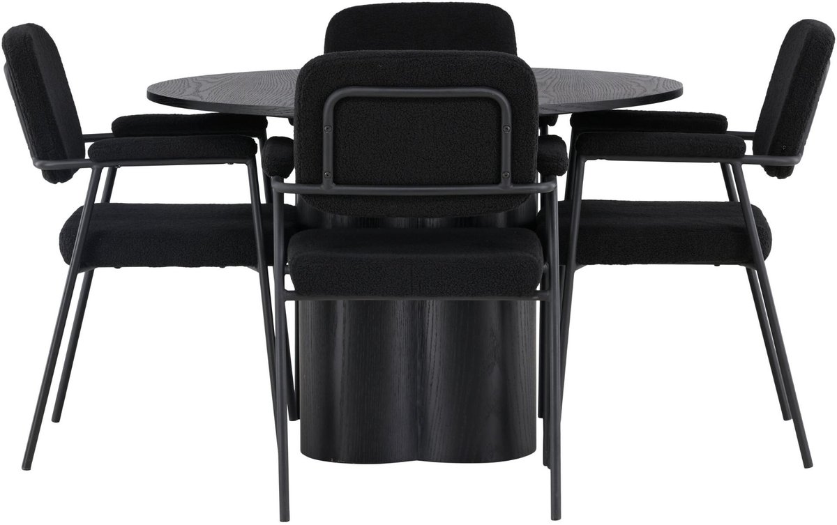Olivia eethoek eettafel zwart 4 stoelen bouclé zwart.