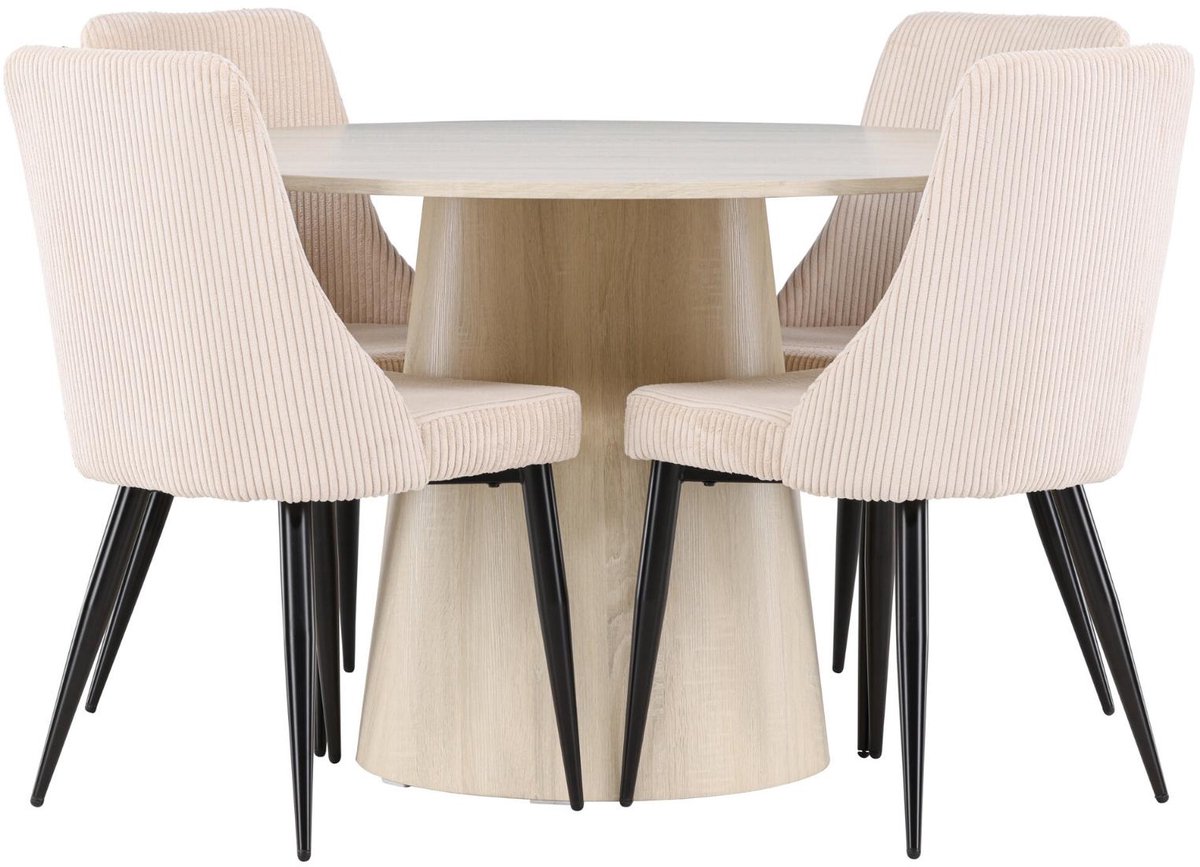 Lanzo eethoek eettafel whitewash 4 stoelen fluweel beige.