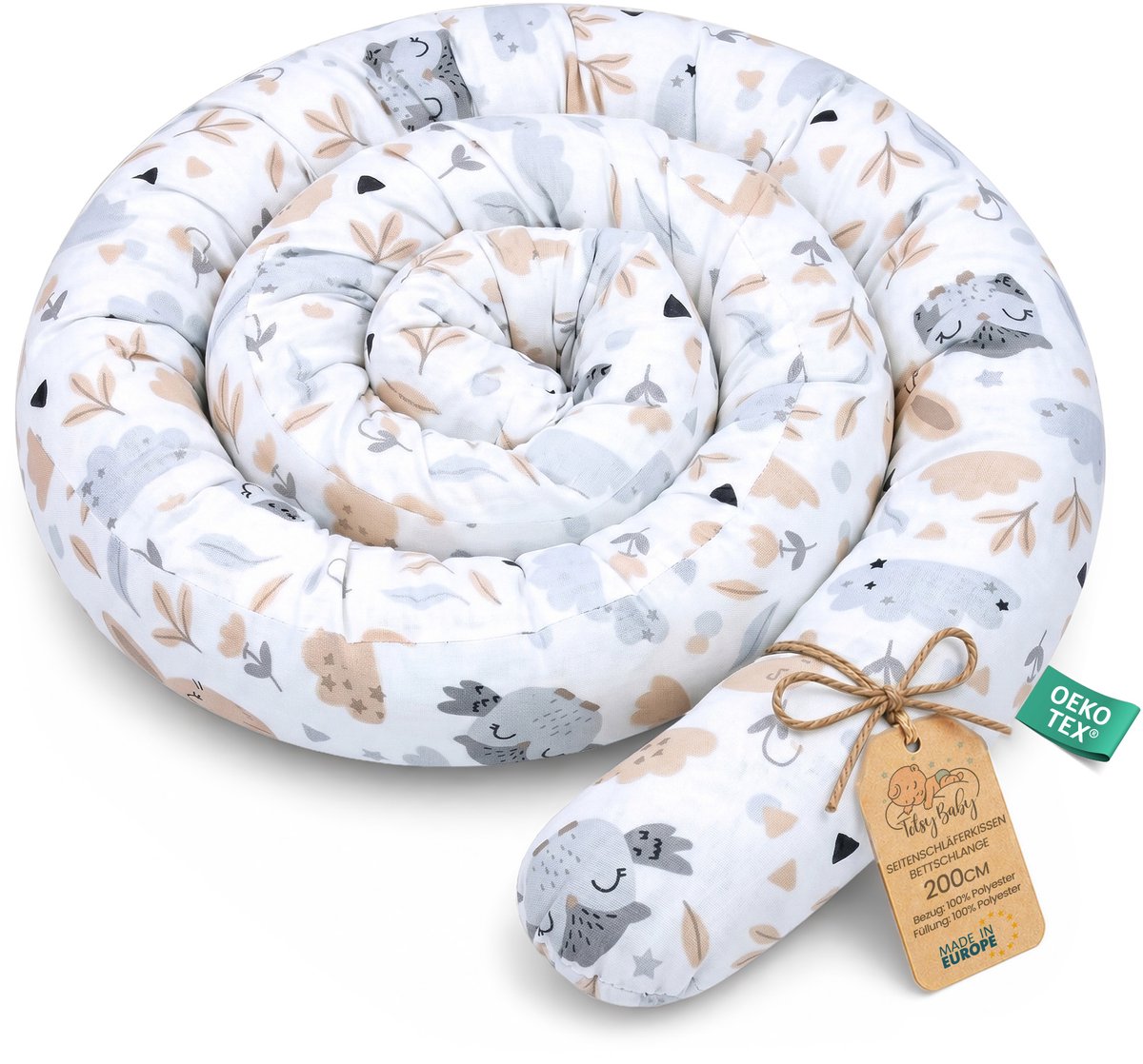 XXL bedslang bedkussen voedingskussen bedrol bedrandbescherming sierkussen bedomranding slang XL handgemaakt Lichtgrijs met uilen 200 cm Oeko-Tex-certificaat