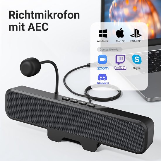 Pc-luidspreker - USB-monitor speaker met microfoon, stereo & bas, mute-schakelaar met één knop, plug-and-play speaker clip per 0,1-1,1 inch pc-monitor, desktop, laptop en Mac (zwart) — afbeelding 4