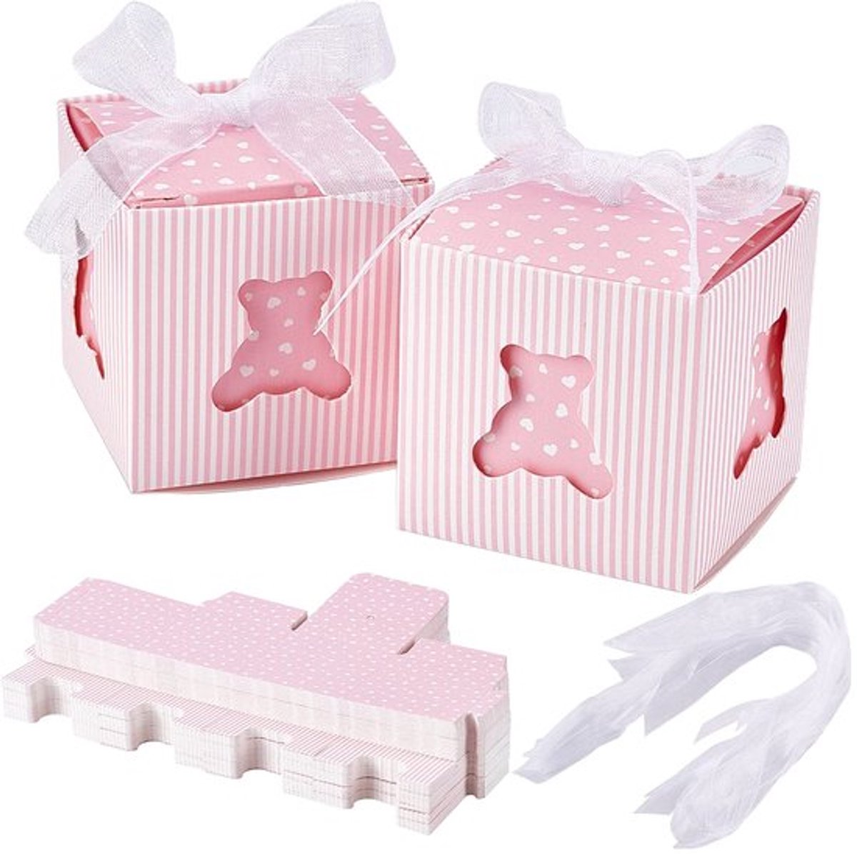 60 sets snoepdoosjes voor pasgeborenen en doop, snoepdoosjes in de vorm van een beer, opvouwbare doosjes van roze papier met lint, geschikt als cadeau voor een verjaardag of bruiloft (6 x 6 x 6 cm)