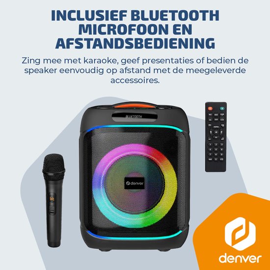Denver Bluetooth Speaker Party box - Discolichten - Partyspeaker incl. draadloze microfoon & afstandsbediening - Luidspreker - 8" woofer - BPS270 van Denver — afbeelding 3