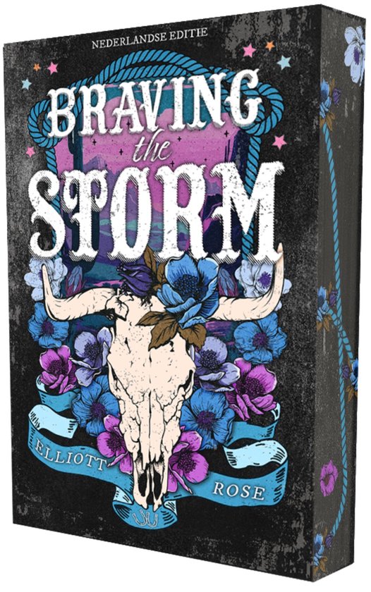 Boekcover: 'Braving the Storm' met een stierenSchedel, bloemen en cowboy-thema. Nederlandse editie.