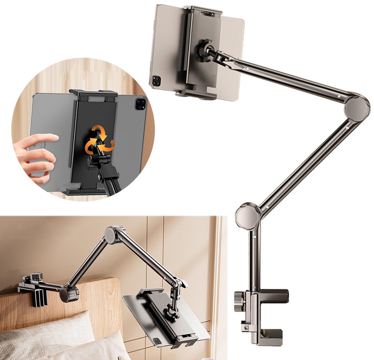 Tabletstandaard - Robotarm met drie secties - Smartphonehouder - Tabletstandaard - Geschikt voor smartphones en tablets - Flexibele standaard - Standaard voor livestreaming - Verstelbaar - Koolstofstaal - Zwart