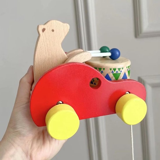 Trekspeelgoed voor kinderen, trommelwagen met beer van hout, educatief om te lopen, voor kleuterschool, indoorspel, verjaardag, feest, salon, tuin — afbeelding 4