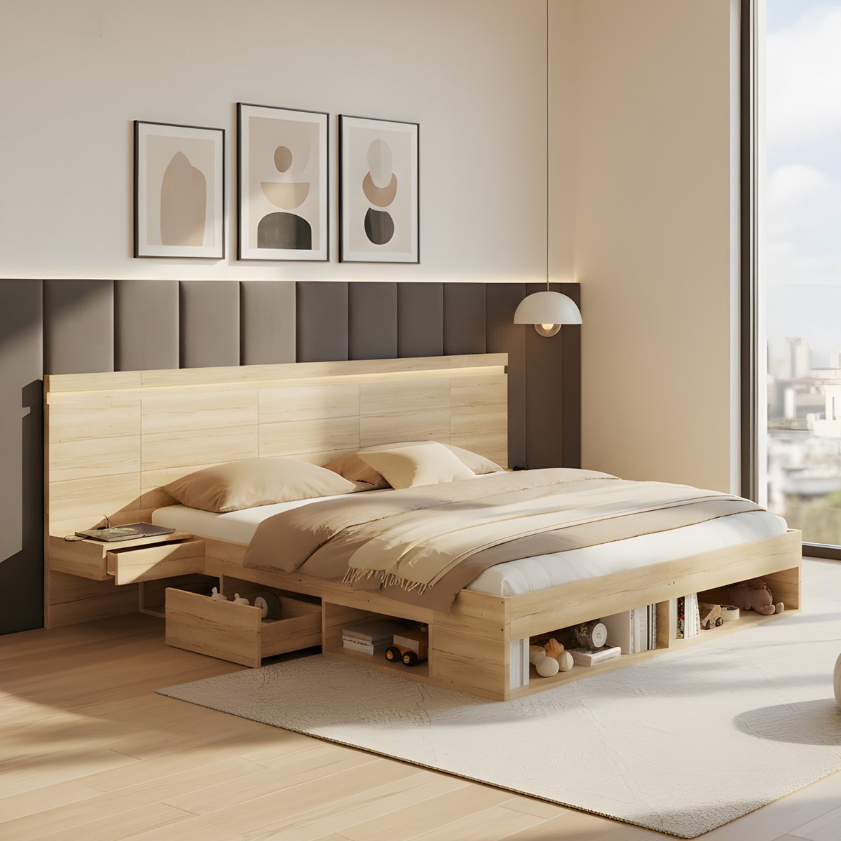 KOMHTOM - Houten Tweepersoonsbed - 180x200 cm - Met Opbergruimte - USB- en Type-C-oplaadstation - LED-verlichting - 2 Nachtkastjes - Lades - Natuurlijke Kleur