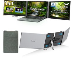 Blackview DCM6 Pro 14“ dubbele draagbare monitor – extra laptopscherm 13-17,3” – uitbreidingsscherm – dual screen – IPS Full HD – plug & play – aansluiting via één kabel – inclusief kabels en beschermhoes – grijs