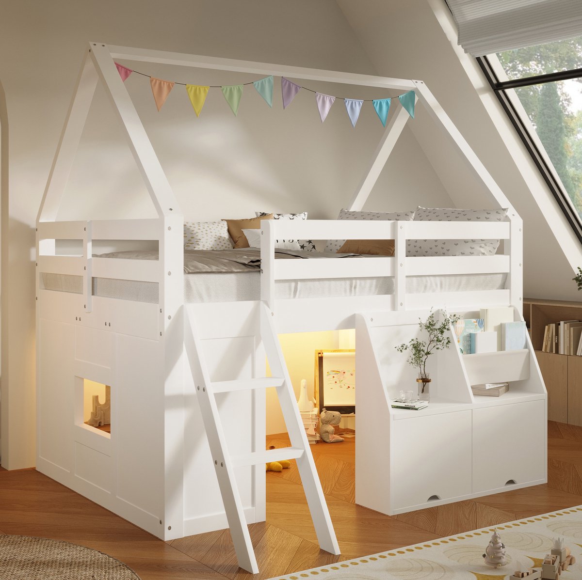 OKWISH Hoogslaper 140x200 cm - Huisvorm Met Trap en Ledverlichting - Met Opbergruimte en Stoffen Zakken - Kinderen - Hout - Wit - Zonder matras