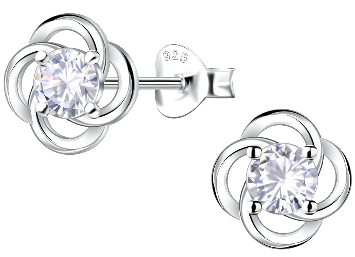 Joy|S - Zilveren bloem oorbellen - 8 mm - elegant - ronde zirkonia - sterling zilver 925 - dames oorknopjes