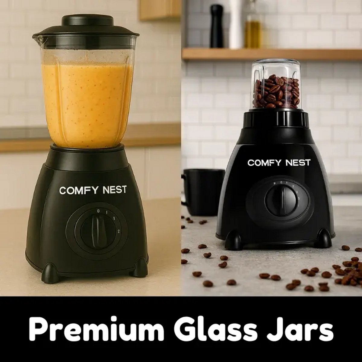 Blender – 800W – 1,5 Liter Glazen Kan – Koffiemolen en Hakmolen – 5 Snelheden en Pulse – Zwart