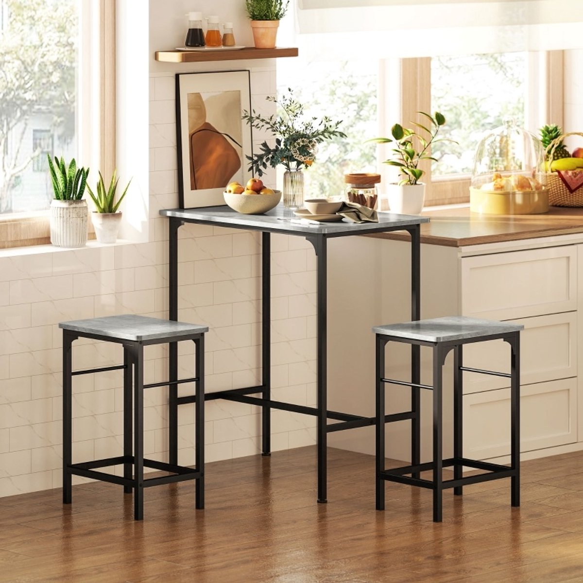 MIVRAY Bartafel Set 80 x 50 x 87 cm - Met 2 Barkrukken En Ruimtebesparend Design - Voor Keuken En Eethoek - Metaal Grijs