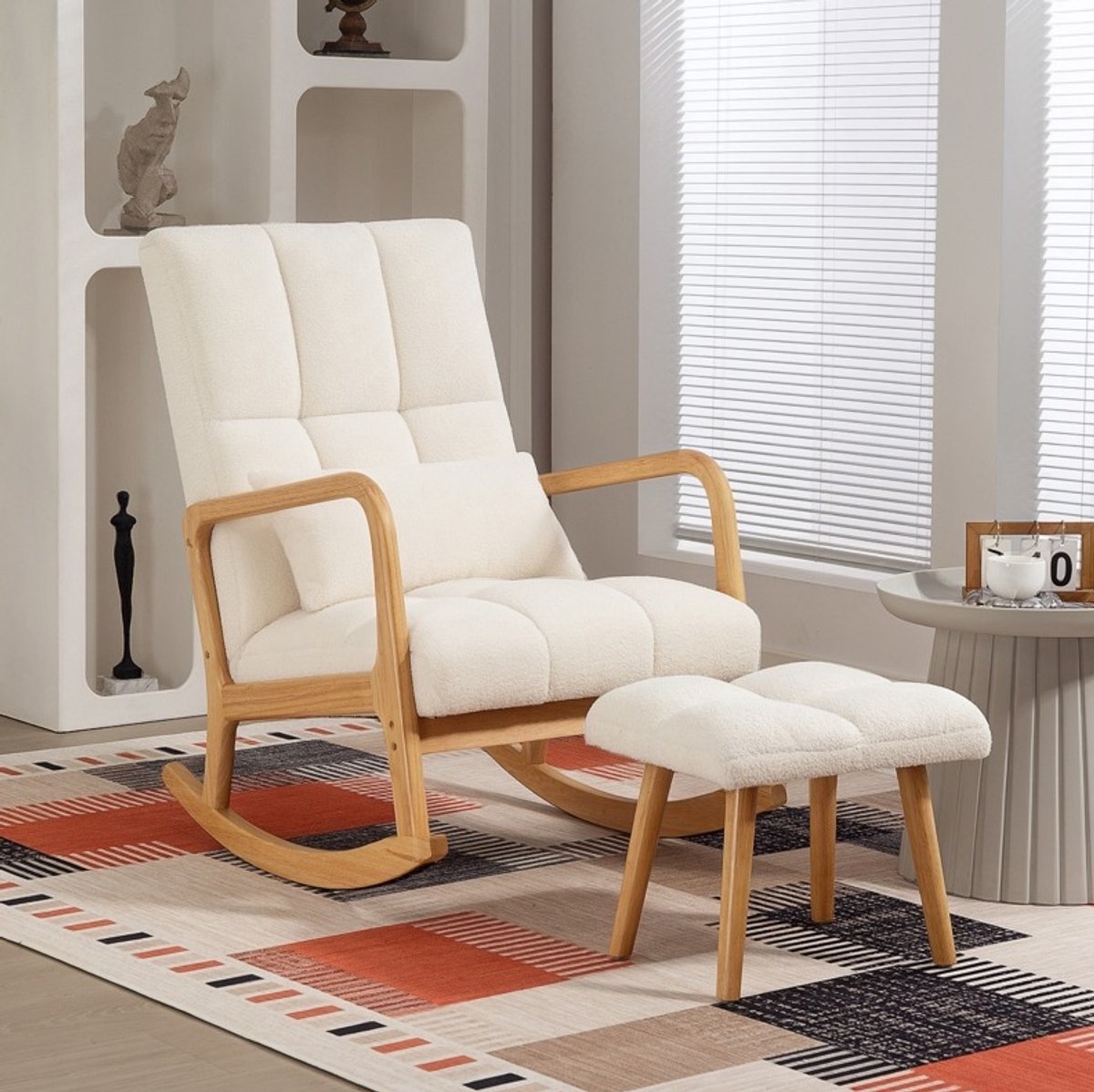 MIVRAY Schommelstoel 64,5 x 82 x 99 cm - Met Hocker, Hoge Rugleuning En Armleuningen - Voor Woonkamer En Slaapkamer - Hout Wit