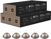 Doos met Nespresso Vertuo Arondio koffiecapsules, met een geroosterde cereale smaak, intensiteit 6. Vijf individuele capsules op de voorgrond.