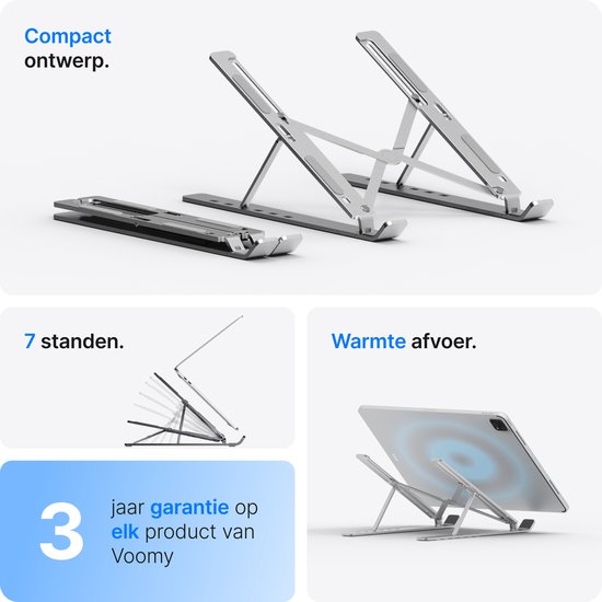 Voomy laptopstandaard in 7 standen, compact ontwerp, met 3 jaar garantie.