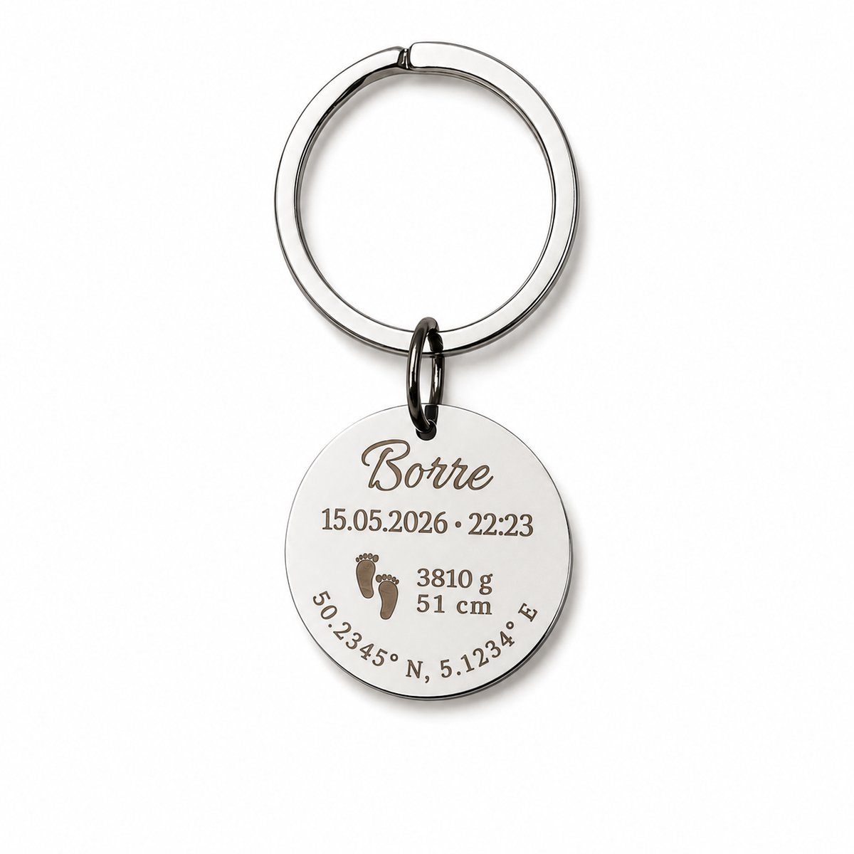 Engravia by Derya – Sleutelhanger met Gravure – Zilver Kleur RVS – Gepersonaliseerd Geboorteontwerp – Cadeau voor Geboorte, Ouders & Baby