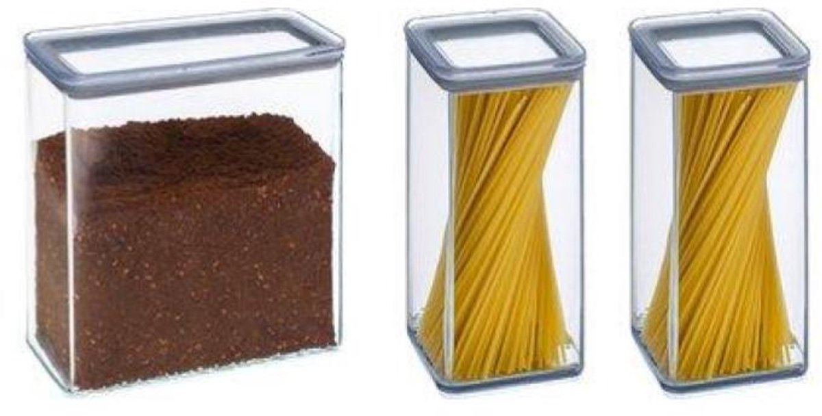 Set van 3 voorraadpotten - keuken/voedsel - kunststof - 2x 1500 ml + 1x 3000 ml - luchtdichte deksel - transparant - 20/10 x 10 x 20 cm