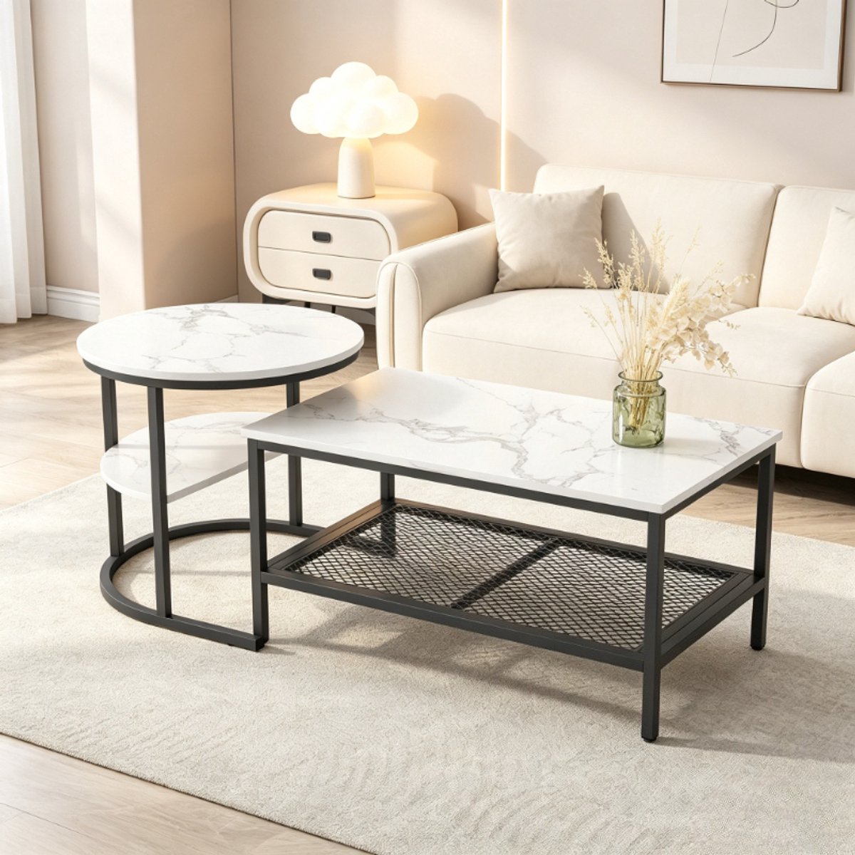 Salontafel set, bijzettafel, ronde en rechthoekige salontafel met 2 niveaus, marmerlook tafel, salontafel voor woonkamer, zwart