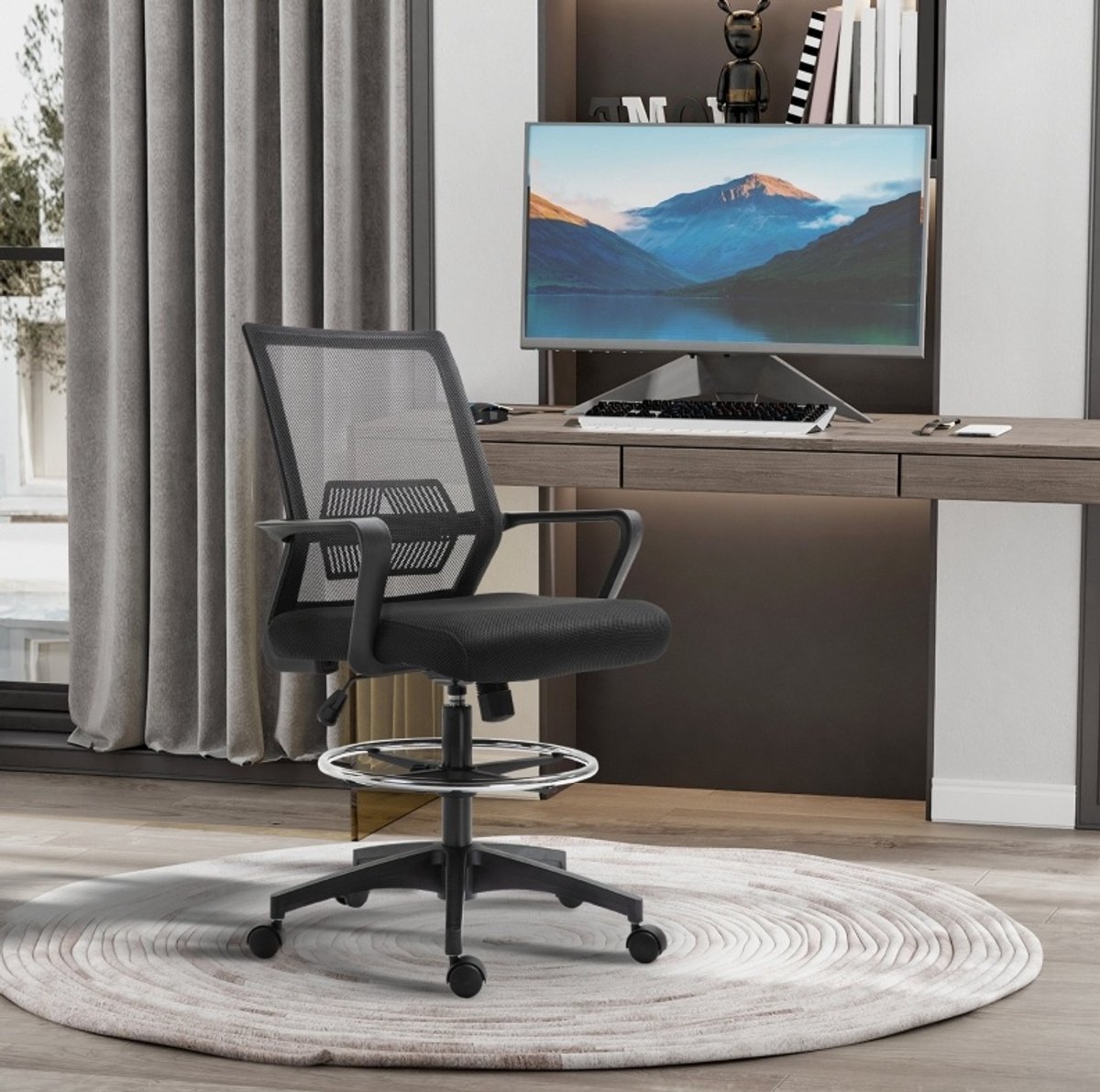 DESMIU Bureaustoel 64 x 59 x 104-124 Cm - Ergonomisch Met Verstelbare Voetring, Wipfunctie En Netrug - Voor Kantoor En Thuiswerkplek - Kunststof Zwart