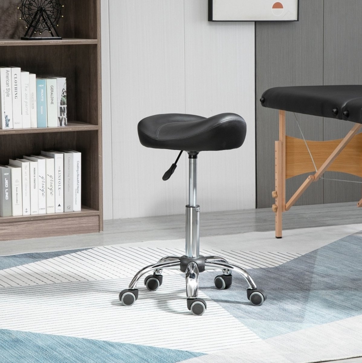 DESMIU Bureaukruk 48 x 48 x 54-69 cm - In Hoogte Verstelbaar en 360 Graden Draaibaar Met Wielen - Voor Salon en Massage - Kunstleer - Zwart