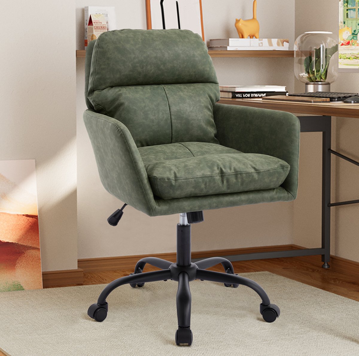DESMIU Bureaustoel 60 x 99 cm - Verstelbare Zithoogte Met Vaste Armleuningen En Wielen - Voor Kantoor, Slaapkamer En Kaptafel - Kunstleer Groen