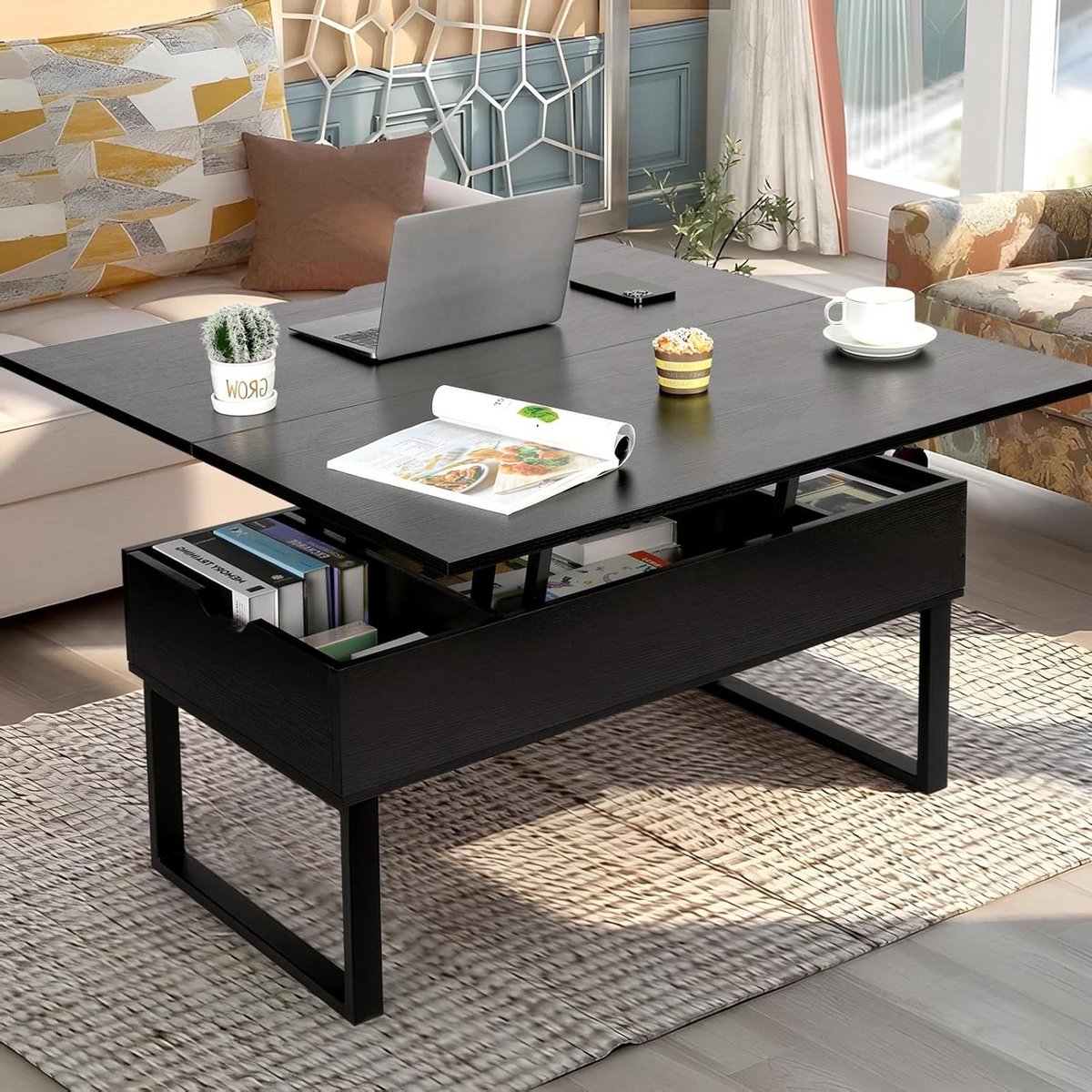 Verstelbare Salontafel - Eettafel Koffietafel - Woonkamer Gebruik - Verborgen Opbergruimte - 100x50x49 cm - Zwart Houtnerf